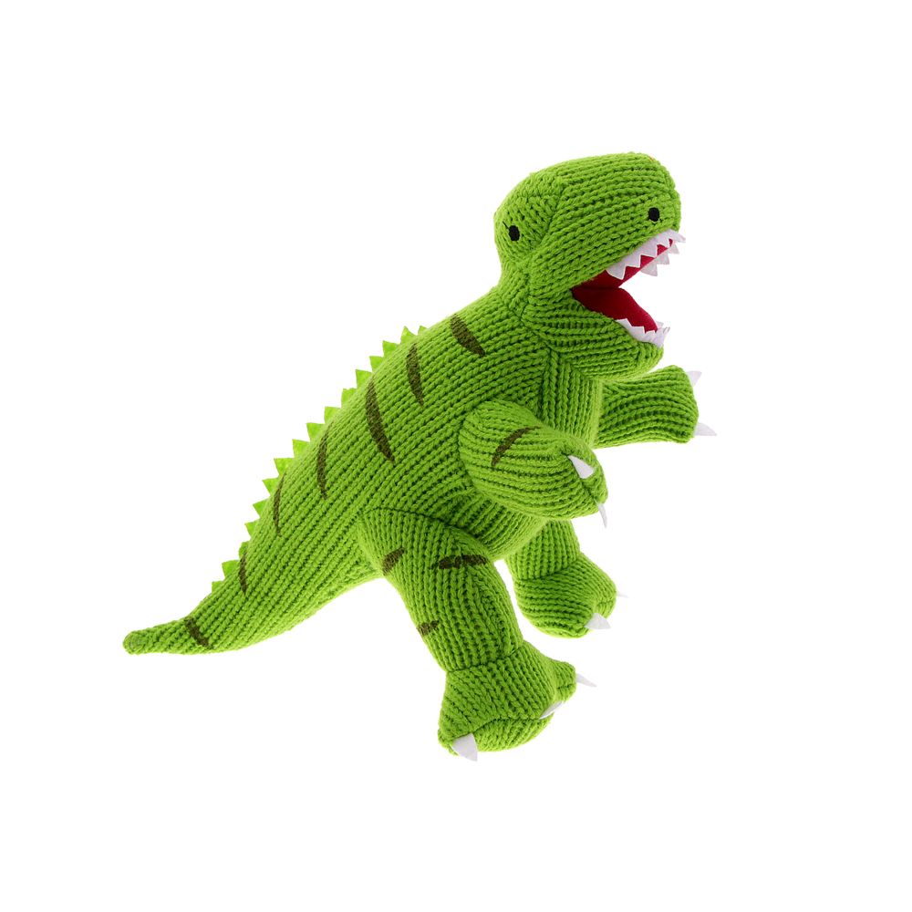 Green knitted T. rex soft toy