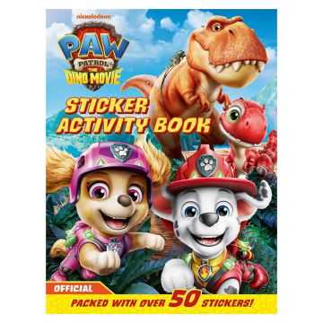 The front cover of the sticker book has illustrations of Timmy the T. rex and Rhubarb the baby T. rex standing behind PAW Patrol’s Marshall and Skye.
