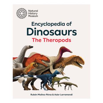 The white front cover has a row of different sized and different coloured theropods, all facing to the right as if about to compete in a race. Above is the title of the book in black and red font.