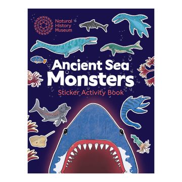 The front cover of Ancient Sea Monsters Sticker Activity Book with some of the illustrated stickers.