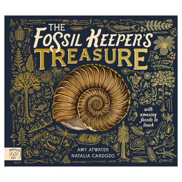 The front cover of The Fossil Keeper’s Treasure has gold-coloured illustrations of plant and animal fossils, with a large ammonite in the middle.