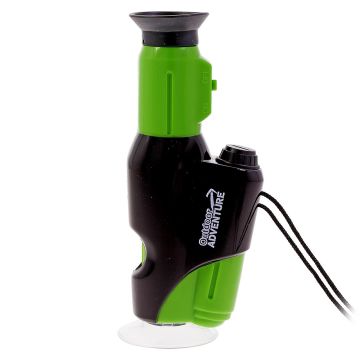 A side view of the green and black microscope, showing the on-off switch and lanyard.