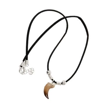 The Megalodon tooth pendant on the black thread necklace.