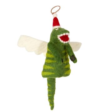 T. rex Christmas Tree Topper with its green body, Santa-style red and white hat and white wings. It also has a halo.