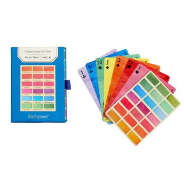 A few of the colourful cards are laid out in a fan shape next to the packaging.