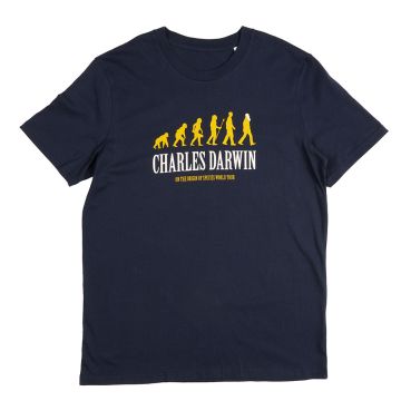 The front of the navy t-shirt has 6 figures evolving from an ape-shape on all fours to an upright human. Printed below is: ‘Charles Darwin On the Origin of Species World Tour’.