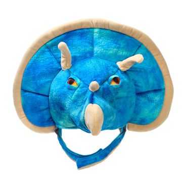 A front-on view of the Triceratops Costume Head, with the Velcro strap hanging underneath. The blue head, strap and neck frill have three white horns.