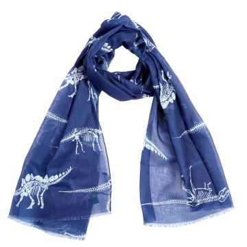 The navy blue scarf has a white dinosaur skeleton print.