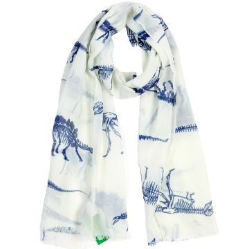 The white scarf has a blue dinosaur skeleton print.