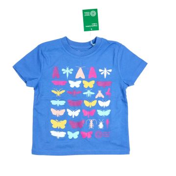 The blue, short-sleeved t-shirt has a grid-like illustration on the front of different coloured insects.