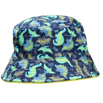This side of the navy-blue bucket hat is patterned with dinosaurs and pterosaurs, each a different shade of blue. 