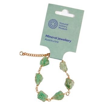 The gold-plated chain bracelet in its packaging. It has six rough-cut, green aventurine beads.