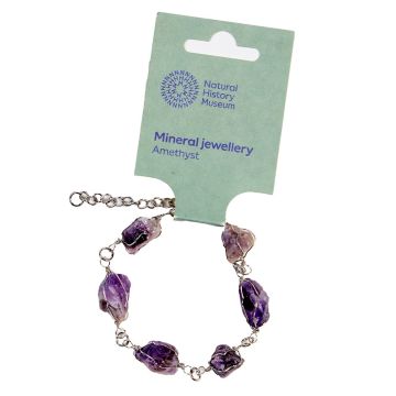 The silver-plated chain bracelet in its packaging. It has six rough-cut, purple amethyst beads.