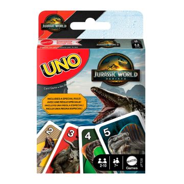 The packaging depicts Mosasaurus launching out of the sea, above 4 example cards each with a dinosaur illustration on it. The words 'Uno' and 'Includes a special rule!' are printed on the left side.
