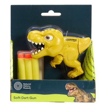 The yellow T. rex soft dart gun in its packaging with the foam darts.