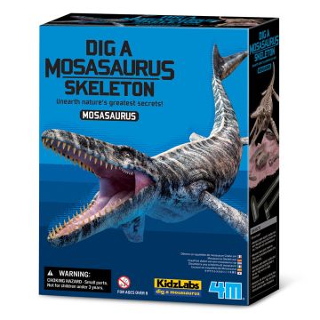 Dig a Mosasaurus Skeleton Kit packaging has an illustration of a Mosasaurus with its crocodile-like jaws.