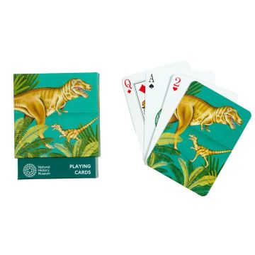 A few cards are laid next to their box. The front of which features the illustration of T. rex and Deinonychus, surrounded by jungle palms.