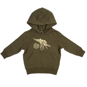 The front of the khaki, long-sleeved hoodie has a cream illustration of Sophie the Stegosaurus skeleton on.