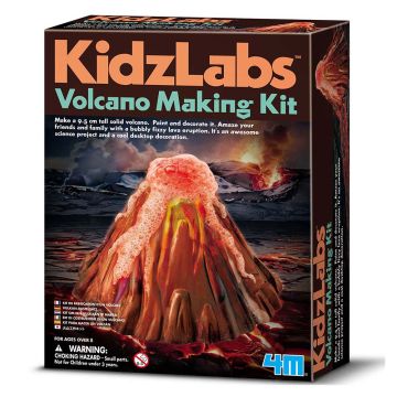 The front of the packaging shows a bubbling volcano model with an illustration of a fiery landscape behind it.
