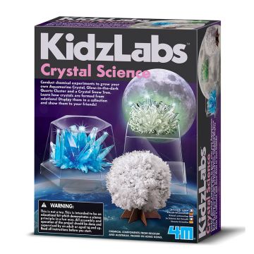 The front of the Crystal Science Kit’s packaging shows the three crystals fully grown.