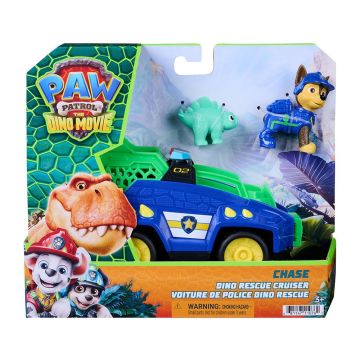 The front of the packaging is open to show the blue cruiser, the Chase figure and the Stegosaurus figure.