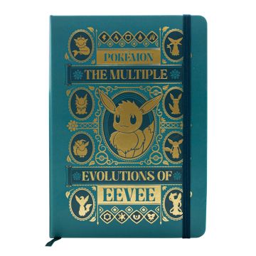 The teal front cover of the notebook features ‘The Multiple Evolutions of Eevee’ graphic in gold. The elastic closure is dark blue.
