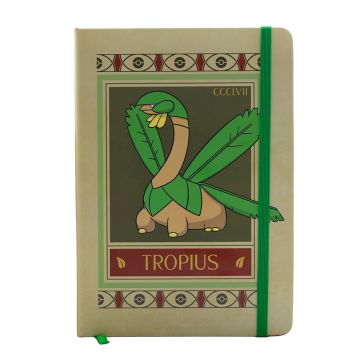 The front cover of the notebook features the Tropius graphic in the style of the Natural History Museum’s botanical ceiling panels. The elastic closure and ribbon bookmark are green.