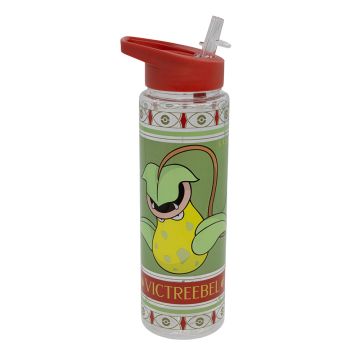 The transparent water bottle has a colourful graphic of Victreebel in the style of the Natural History Museum’s botanical ceiling tiles. The lid is red. 