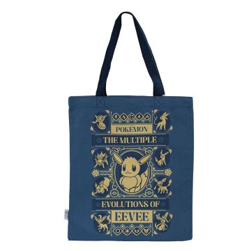 The navy-blue tote bag features ‘The Multiple Evolutions of Eevee’ graphic in gold. The handles are black.