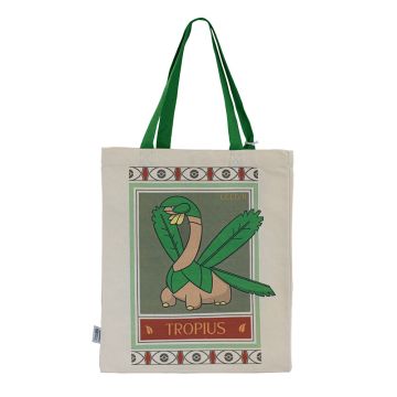 The cream tote bag with the Pokémon Tropius graphic in the style of the Natural History Museum’s botanical ceiling tiles. The handles are green.