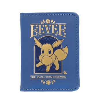 The purple wallet has a gold illustration of Eevee and the words ‘Eevee The Evolution Pokémon’ on the front.