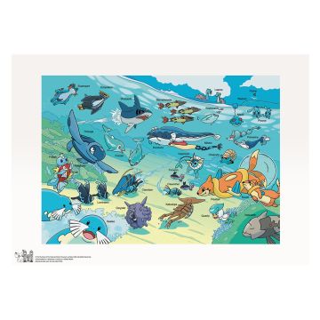 The colour print is of 30 species of Pokémon most of which are shown underwater. The white border has the copyright in the corner.