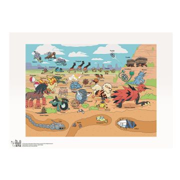 The colour print is of 31 species of Pokémon, shown on land, above it and underground. The white border has the copyright in the corner.