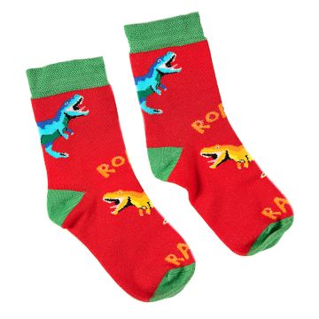 Two red ankle socks with green trim, heels and toes. The pattern features blue and yellow T. rexes with the word ‘Roar’ in yellow.
