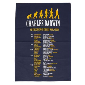 The navy tea towel has 6 figures evolving from an ape-shape to a human. Printed below is: ‘Charles Darwin On the Origin of Species World Tour’ with dates and locations.