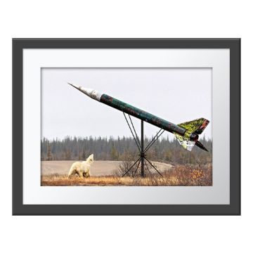 The Arctic Observer Wall Print in a grey frame. A polar bear looks up at a military rocket on a stand pointing towards a grey sky. Both are surrounded by dry grassland and forest.