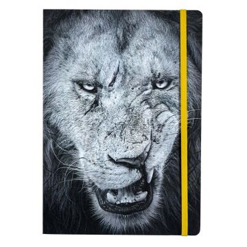 The front cover is a close-up black and white photo of a lion’s face as it curls its lip. There is a yellow elastic strap on the right of the cover.