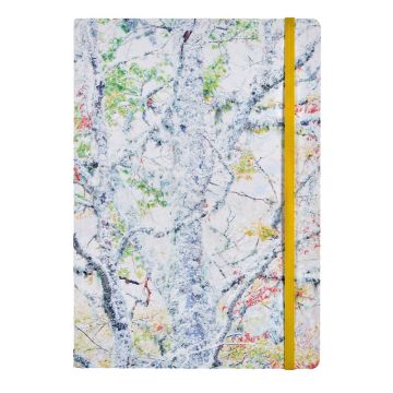 The front cover is a colour photo of trees with green, yellow and red leaves obscured by lichen and fog. There is a yellow elastic strap on the right of the cover.