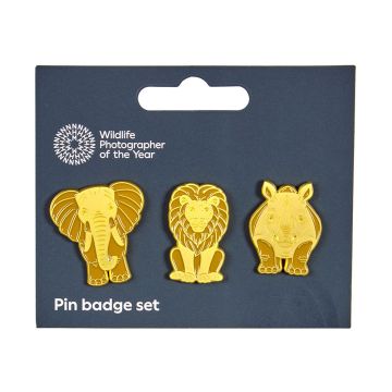 The three pin badges in their packaging. There is an elephant, a lion and a rhino.