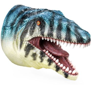The Mosasaurus Hand Puppet has a scaley head with tiger-like stripes along its snout. The jaws are open revealing the tongue.  