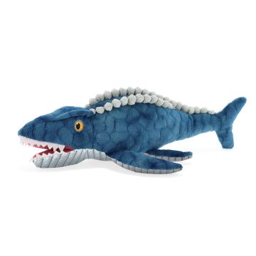 A side view of the Mosasaurus Soft Toy, with its blue body, ridged back and open jaws.