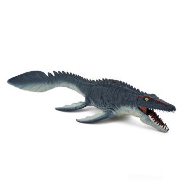 A side view of the Mosasaurus Model. It has a scaley, dark-blue body, with a lighter underbelly.