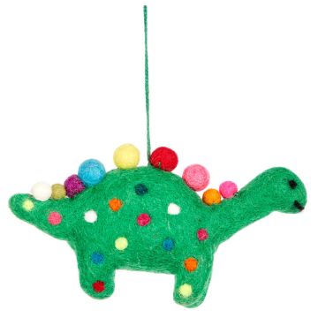 The side-on view of the green felt Stegosaurus with its multicoloured felt balls along its spine and all over the body.