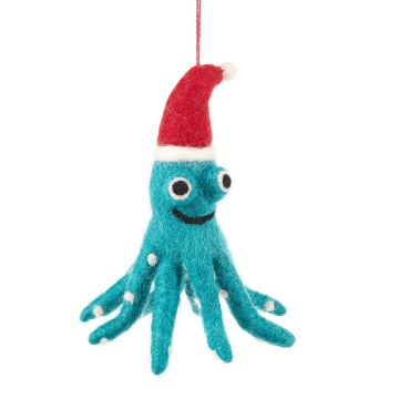 The blue octopus has white dots on its arms and wears a Santa-style hat.