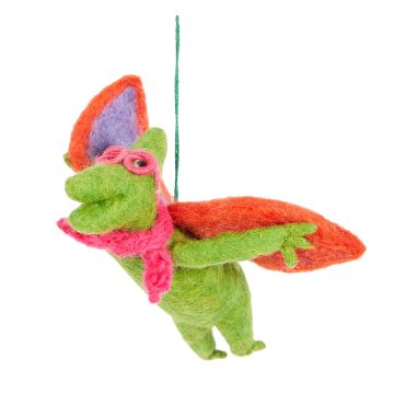 The Pterodactyl decoration is hanging from its green thread. Its outstretched arms have orange and purple wings above them and it wears pink goggles and a pink scarf.