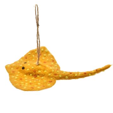 The dark yellow, felt stingray decoration is covered in orange and bright yellow dots. It has two black eyes and a long, curved tail.