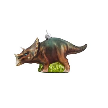 The brown and grey painted Triceratops glass decoration has a silver hook on its back for hanging up.