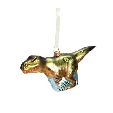 The green-gold T. rex glass decoration hangs on a white ribbon.