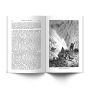 Inside pages about Tierra del Fuego, with text on the left page and a black and white sketch on the right. The sketch is of animals and people up a mountain and is titled A pass in the cordilleras.