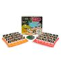 Guess Who? Dinosaur Edition Board Game packaging styled with both of the boards with the dinosaur illustrations flipped up and a stack of Guess Who? cards.